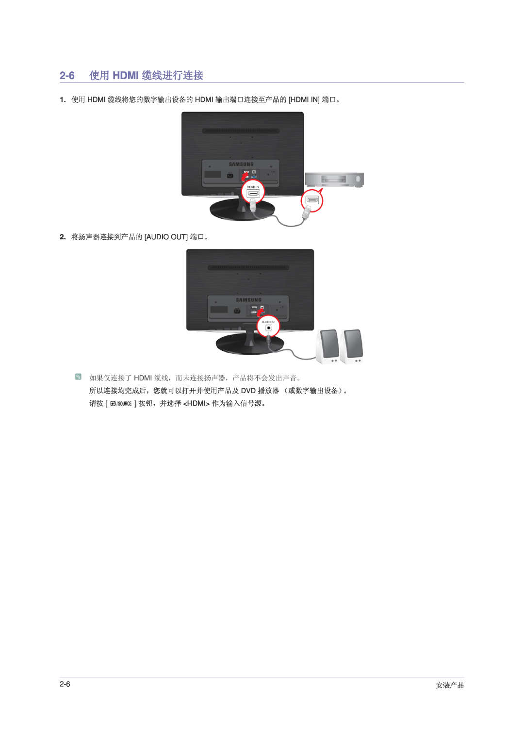 Samsung LS23PUHKF/EN, LS24PUHKFV/EN manual 2-6 使用 HDMI 缆线进行连接, 1. 使用 HDMI 缆线将您的数字输出设备的 HDMI 输出端口连接至产品的 HDMI IN 端口。, 安装产品 