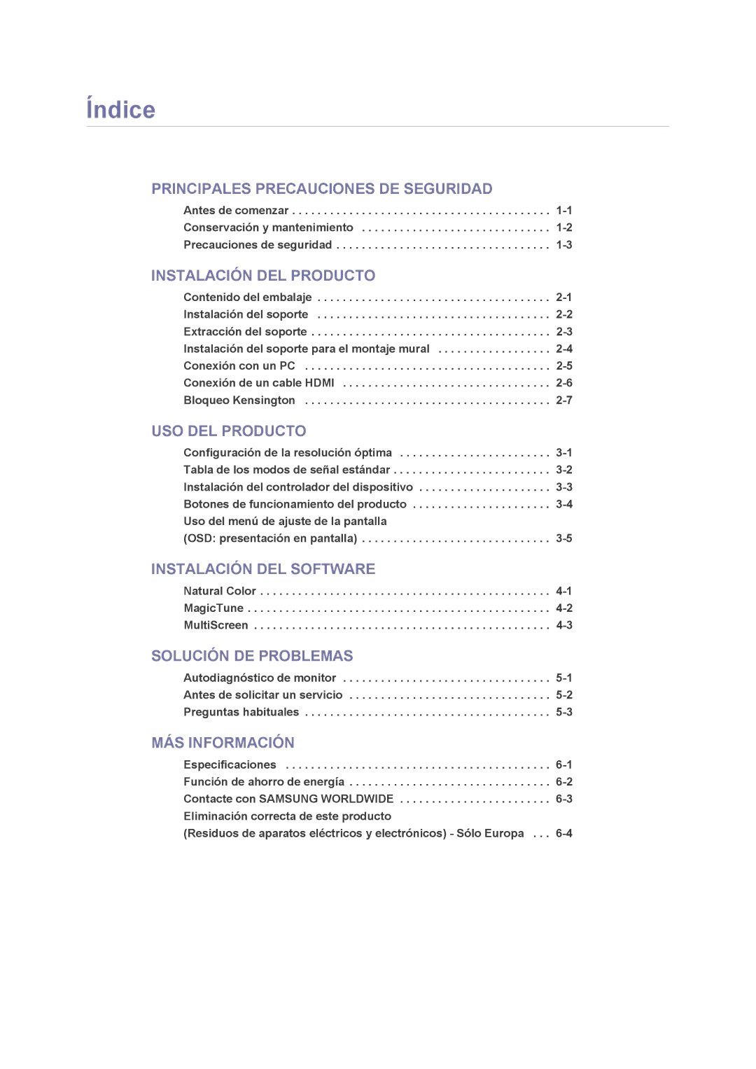 Samsung LS22PUHKF/EN, LS24PUHKFV/EN, LS23PUHKF/EN, LS24PUHKF/EN, LS23PUHKFV/ZA manual Índice, Instalación DEL Producto 