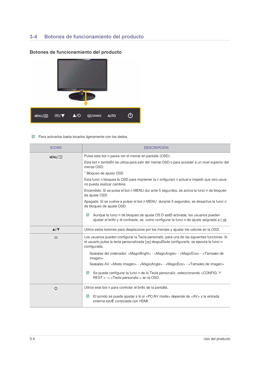 Samsung LS23PUHKFV/ZA, LS24PUHKFV/EN, LS23PUHKF/EN, LS22PUHKF/EN Botones de funcionamiento del producto, Icono Descripción 