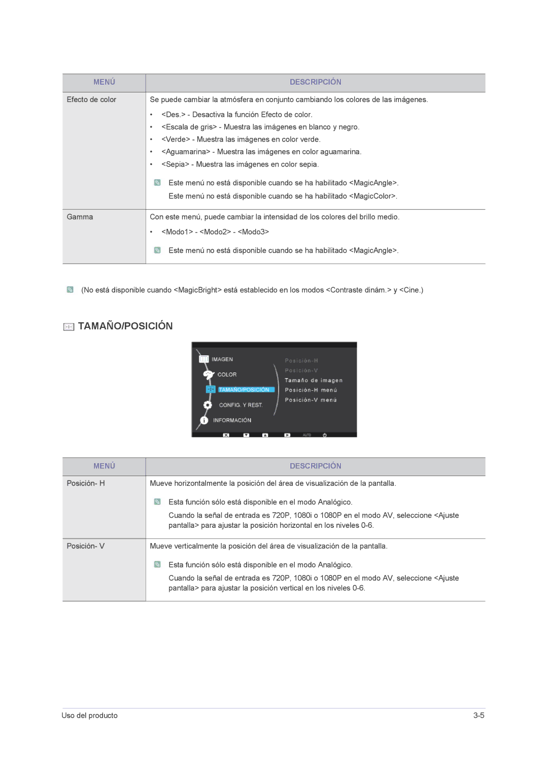 Samsung LS23PUHKF/EN, LS24PUHKFV/EN, LS22PUHKF/EN, LS24PUHKF/EN, LS23PUHKFV/ZA manual Tamaño/Posición 