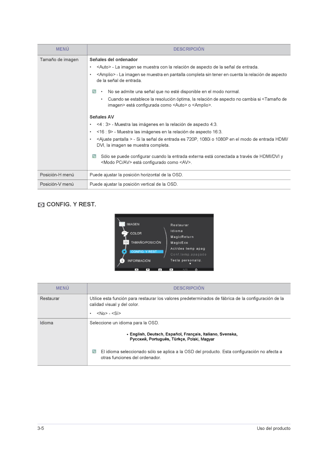 Samsung LS22PUHKF/EN, LS24PUHKFV/EN, LS23PUHKF/EN, LS24PUHKF/EN, LS23PUHKFV/ZA manual CONFIG. Y Rest 