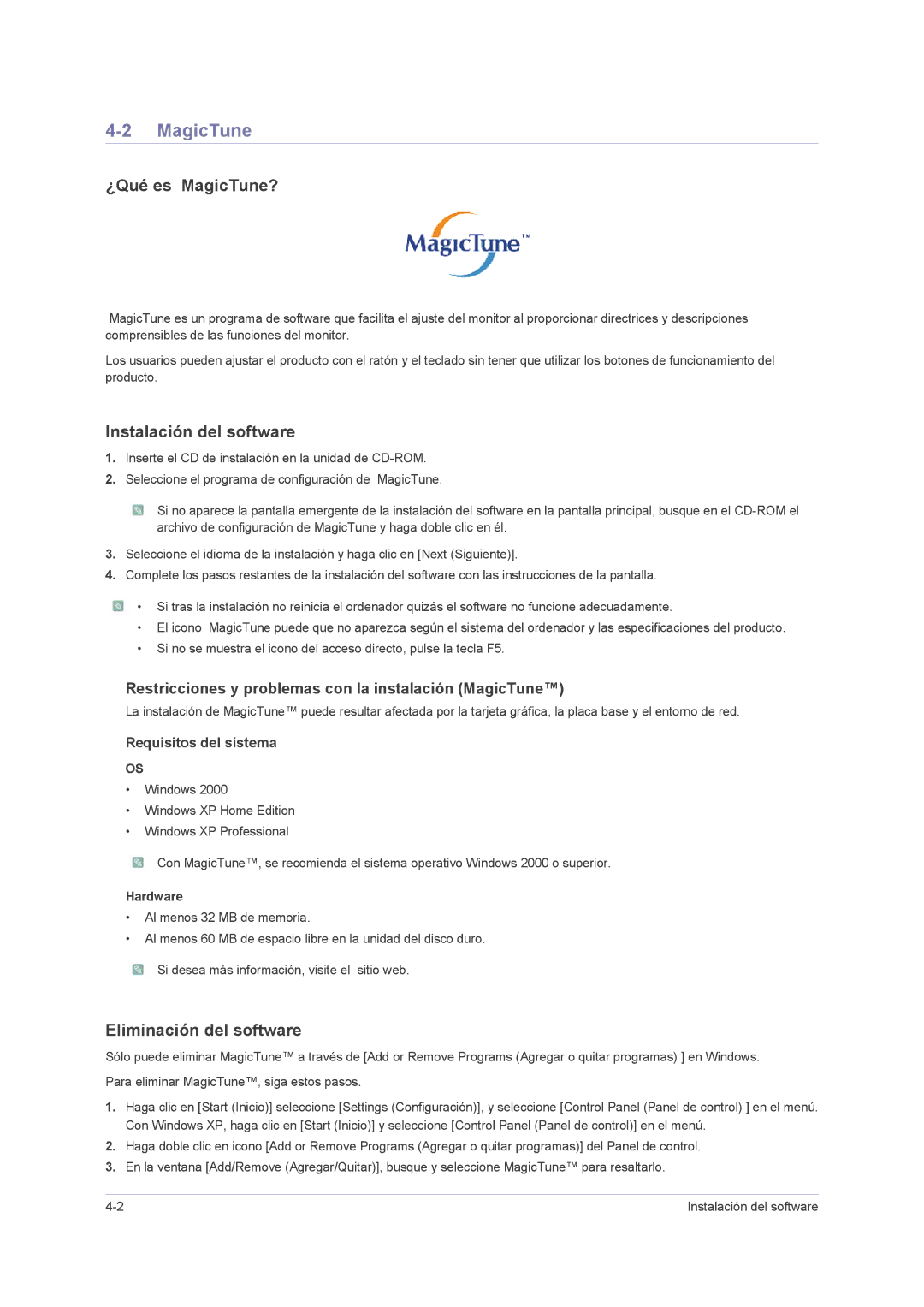 Samsung LS23PUHKF/EN, LS24PUHKFV/EN manual ¿Qué es MagicTune?, Instalación del software, Eliminación del software 