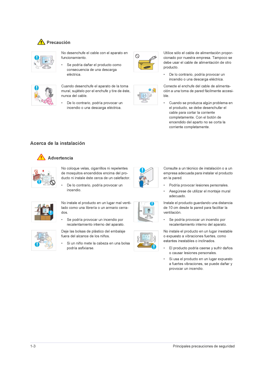 Samsung LS23PUHKF/EN, LS24PUHKFV/EN, LS22PUHKF/EN, LS24PUHKF/EN, LS23PUHKFV/ZA manual Acerca de la instalación, Precaución 