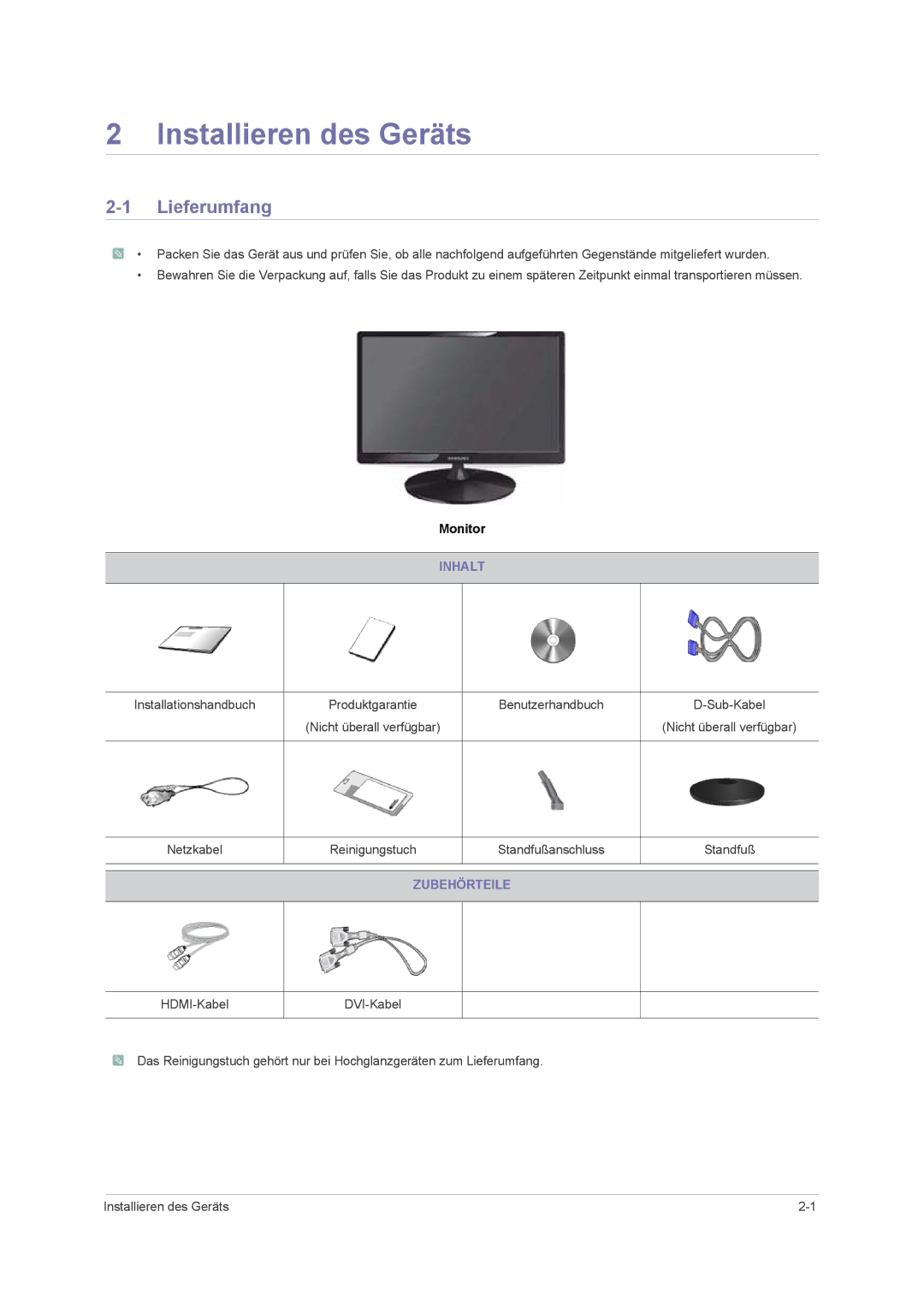 Samsung LS22PUHKFY/EN, LS24PUHKFV/EN, LS23PUHKFV/EN manual Installieren des Geräts, Lieferumfang, Inhalt, Zubehörteile 