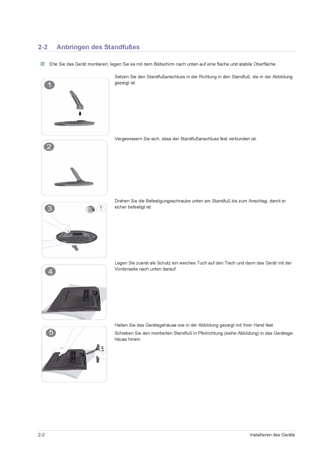 Samsung LS22PUHKF/EN, LS24PUHKFV/EN, LS23PUHKFV/EN, LS22PUHKFV/ZW, LS23PUHKF/EN, LS22PUHKFY/EN manual Anbringen des Standfußes 