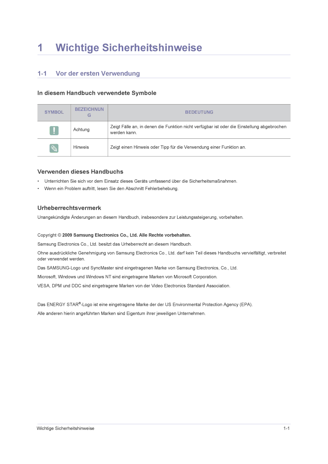 Samsung LS23PUHKF/EN manual Wichtige Sicherheitshinweise, Vor der ersten Verwendung, Diesem Handbuch verwendete Symbole 