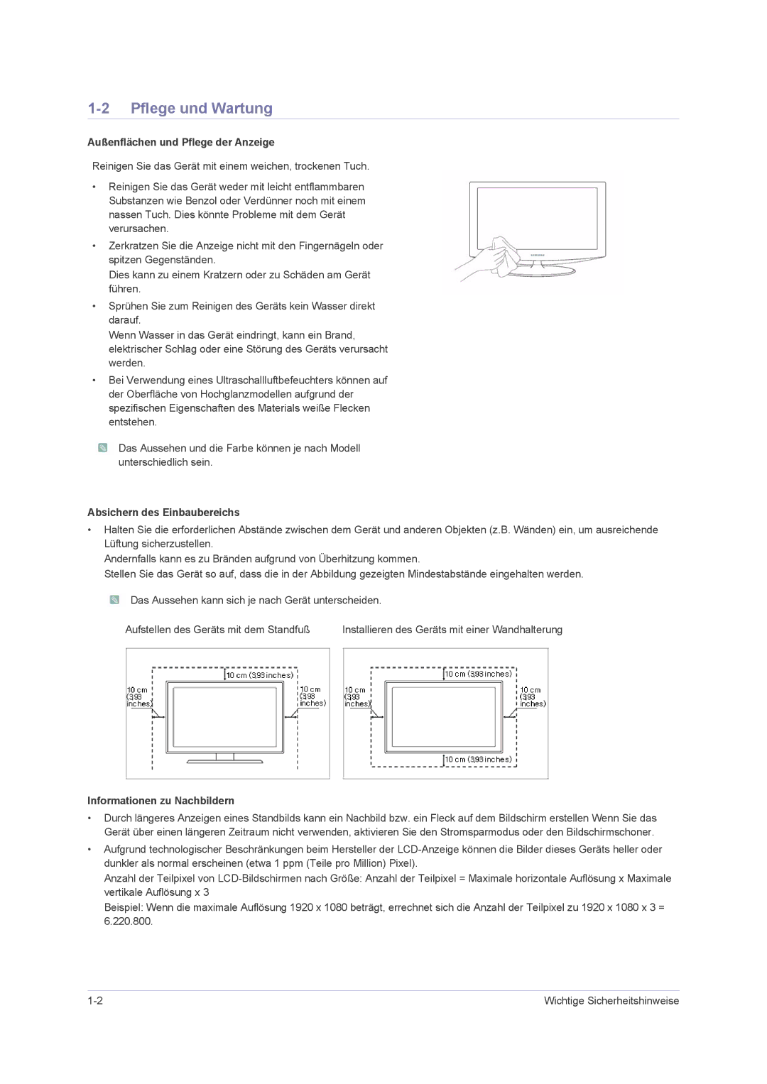 Samsung LS22PUHKFY/EN, LS24PUHKFV/EN, LS23PUHKFV/EN, LS22PUHKFV/ZW Pflege und Wartung, Außenflächen und Pflege der Anzeige 