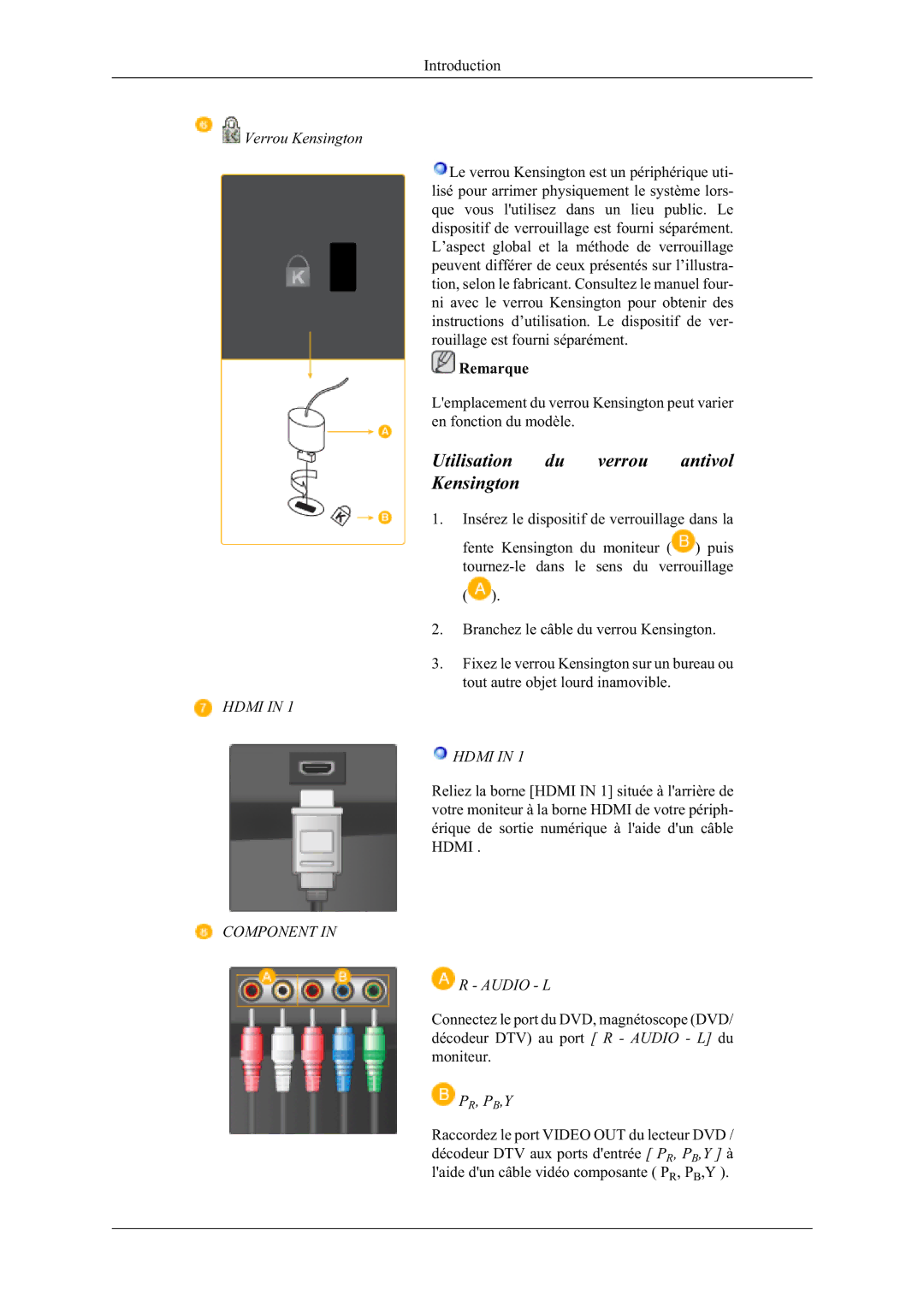 Samsung LS24TDDSUY/EN manual  ,QVpUHOHGLVSRVLWLIGHYHUURXLOODJHGDQVOD,  %UDQFKHOHFkEOHGXYHUURX.HQVLQJWRQ 