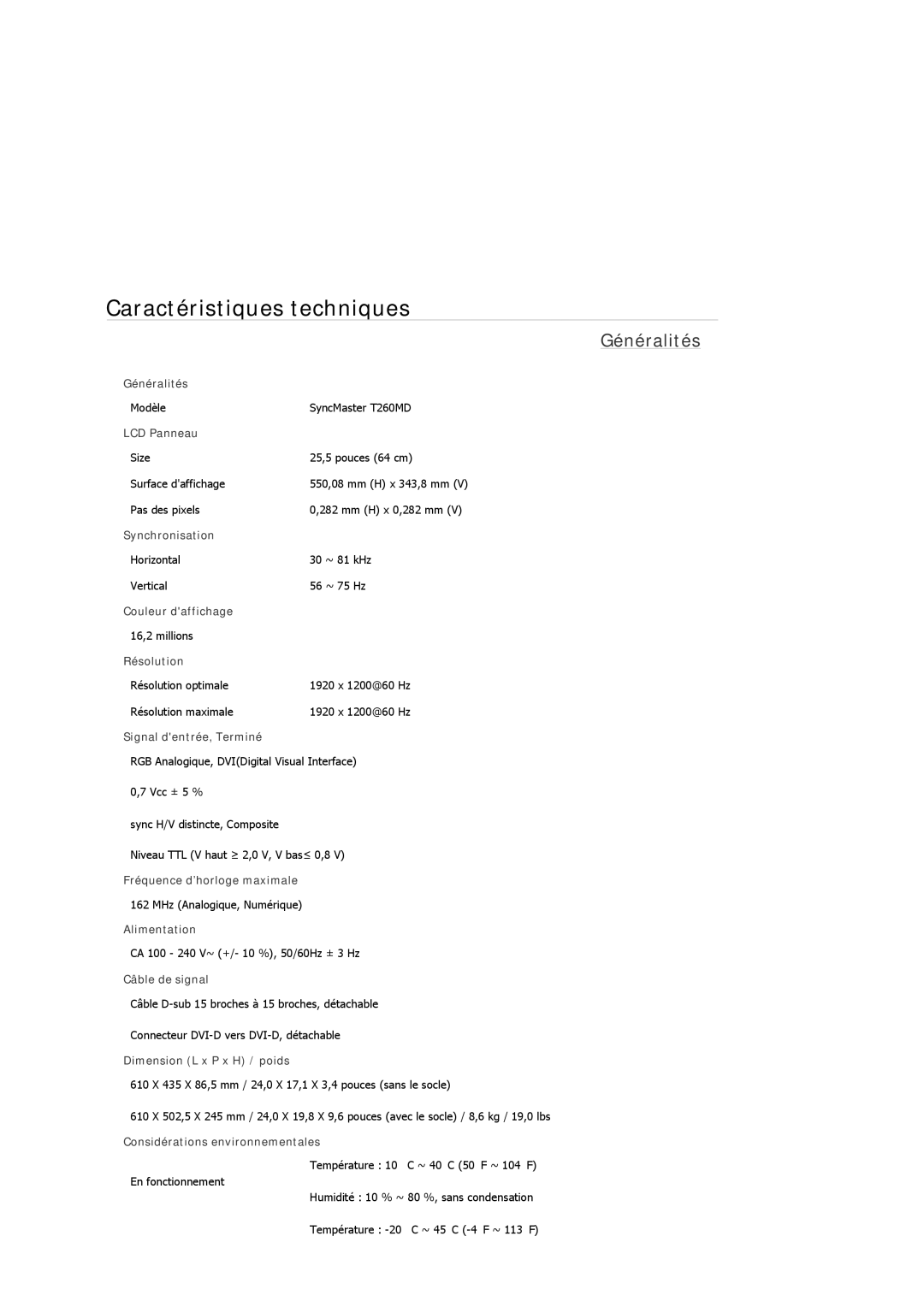 Samsung LS24TDDSUY/EN manual Caractéristiques techniques 