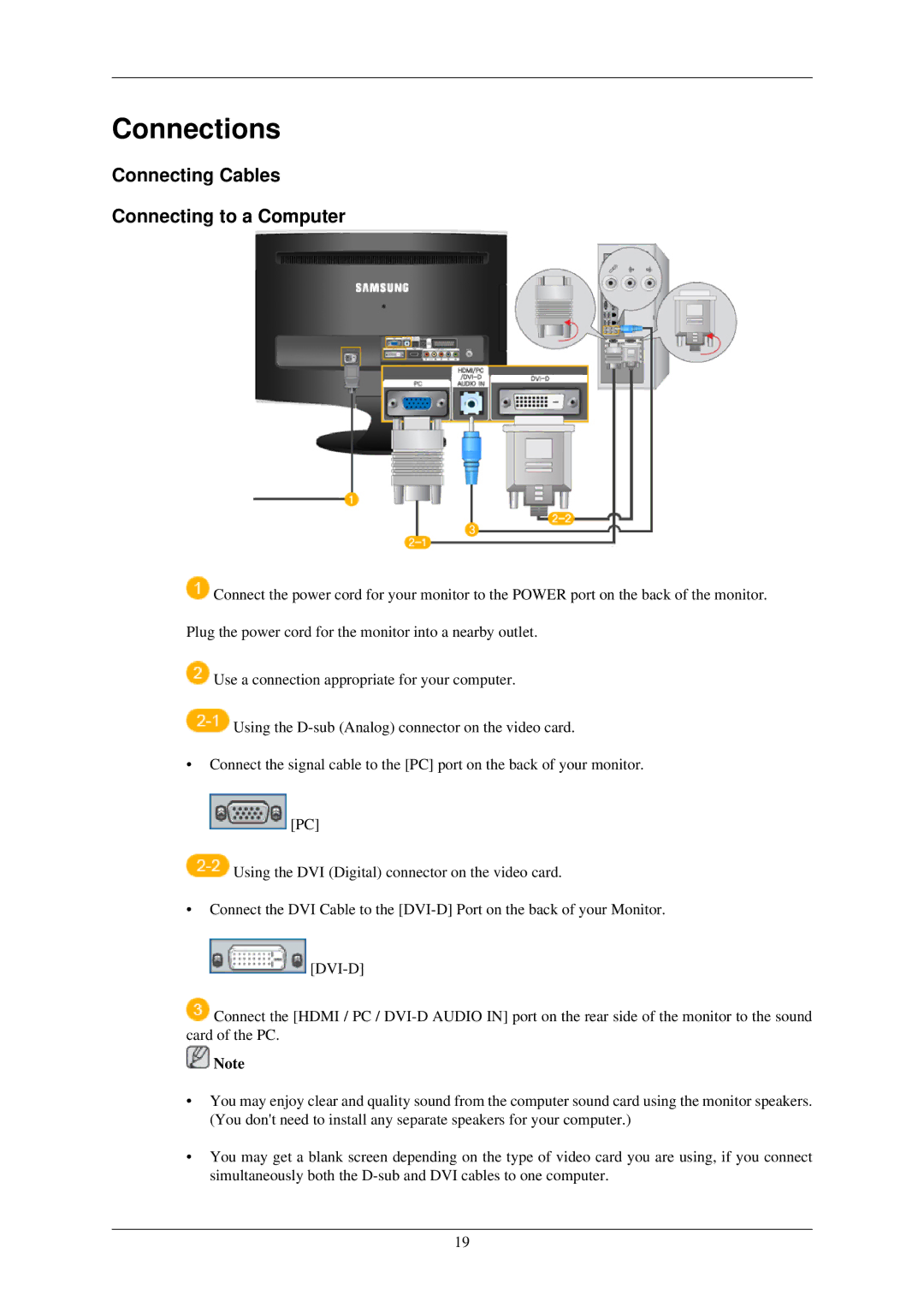 Samsung LS24TDDSUY/EN manual Connections, Connecting Cables Connecting to a Computer 