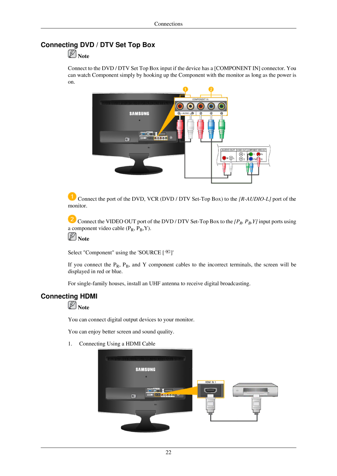 Samsung LS24TDDSUY/EN manual Connecting DVD / DTV Set Top Box, Connecting Hdmi 