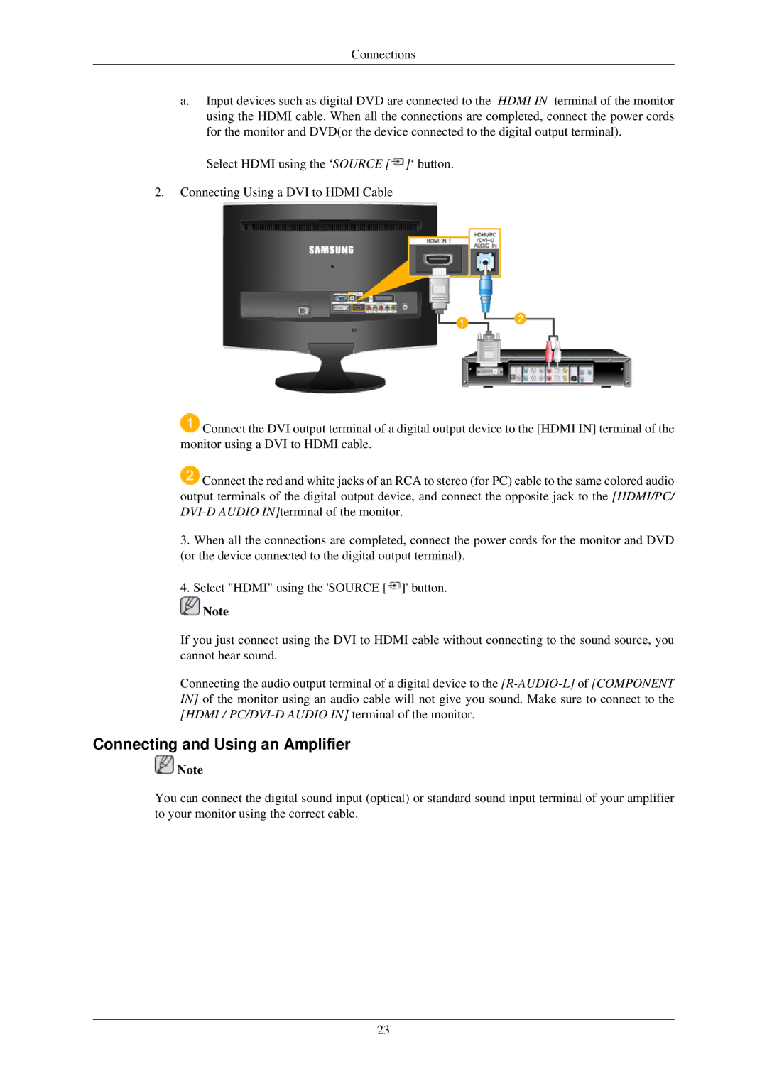 Samsung LS24TDDSUY/EN manual Connecting and Using an Amplifier 