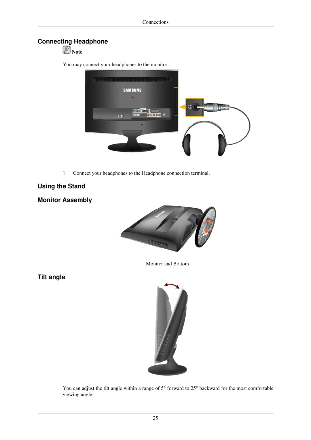 Samsung LS24TDDSUY/EN manual Connecting Headphone, Using the Stand Monitor Assembly, Tilt angle 