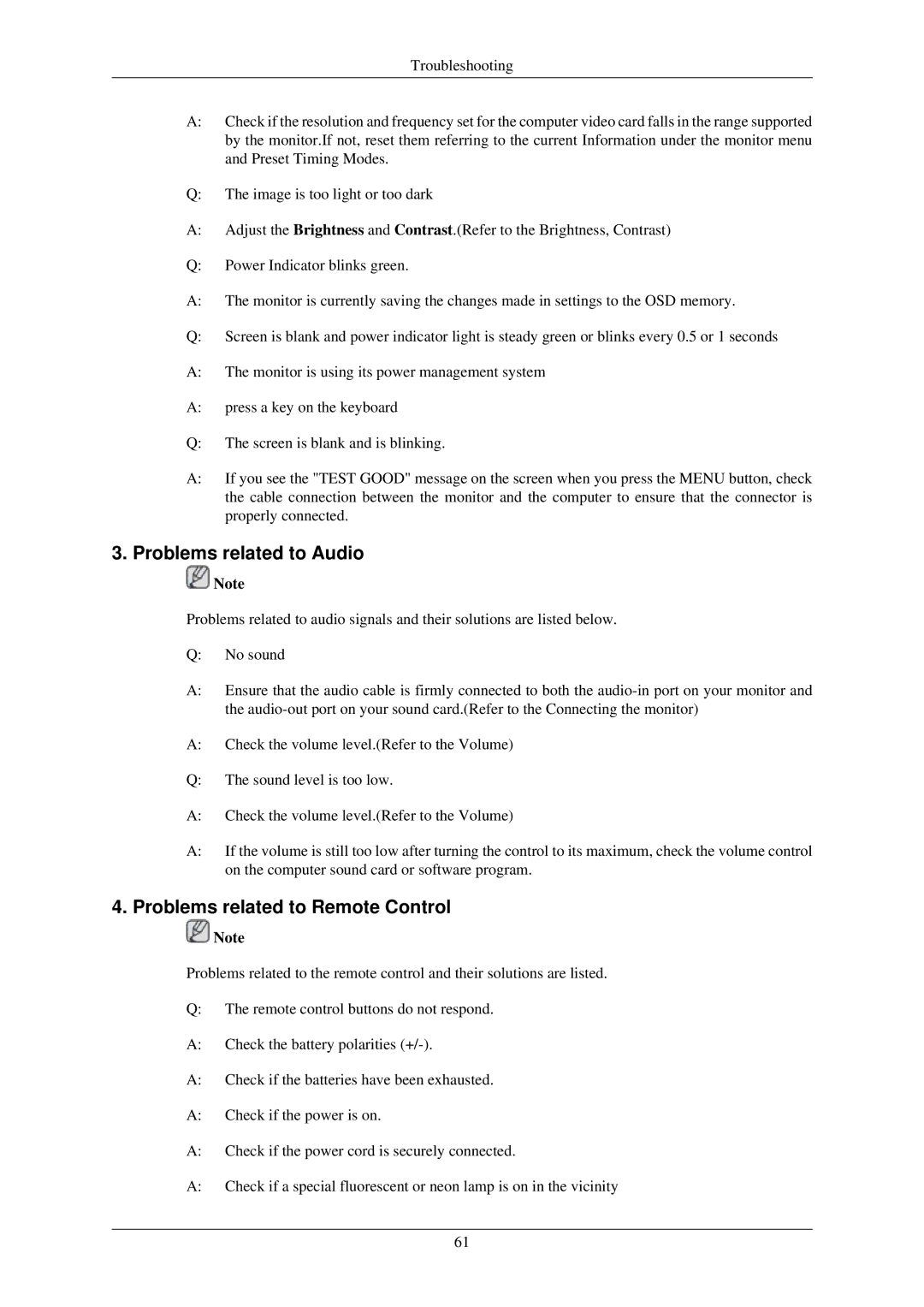 Samsung LS24TDDSUY/EN manual Problems related to Audio, Problems related to Remote Control 