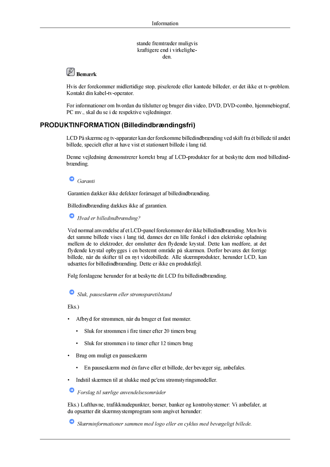 Samsung LS26TDVSUV/XE, LS24TDVSUV/EN, LS24TDDSUV/EN, LS26TDDSUV/EN manual Produktinformation Billedindbrændingsfri, Garanti 