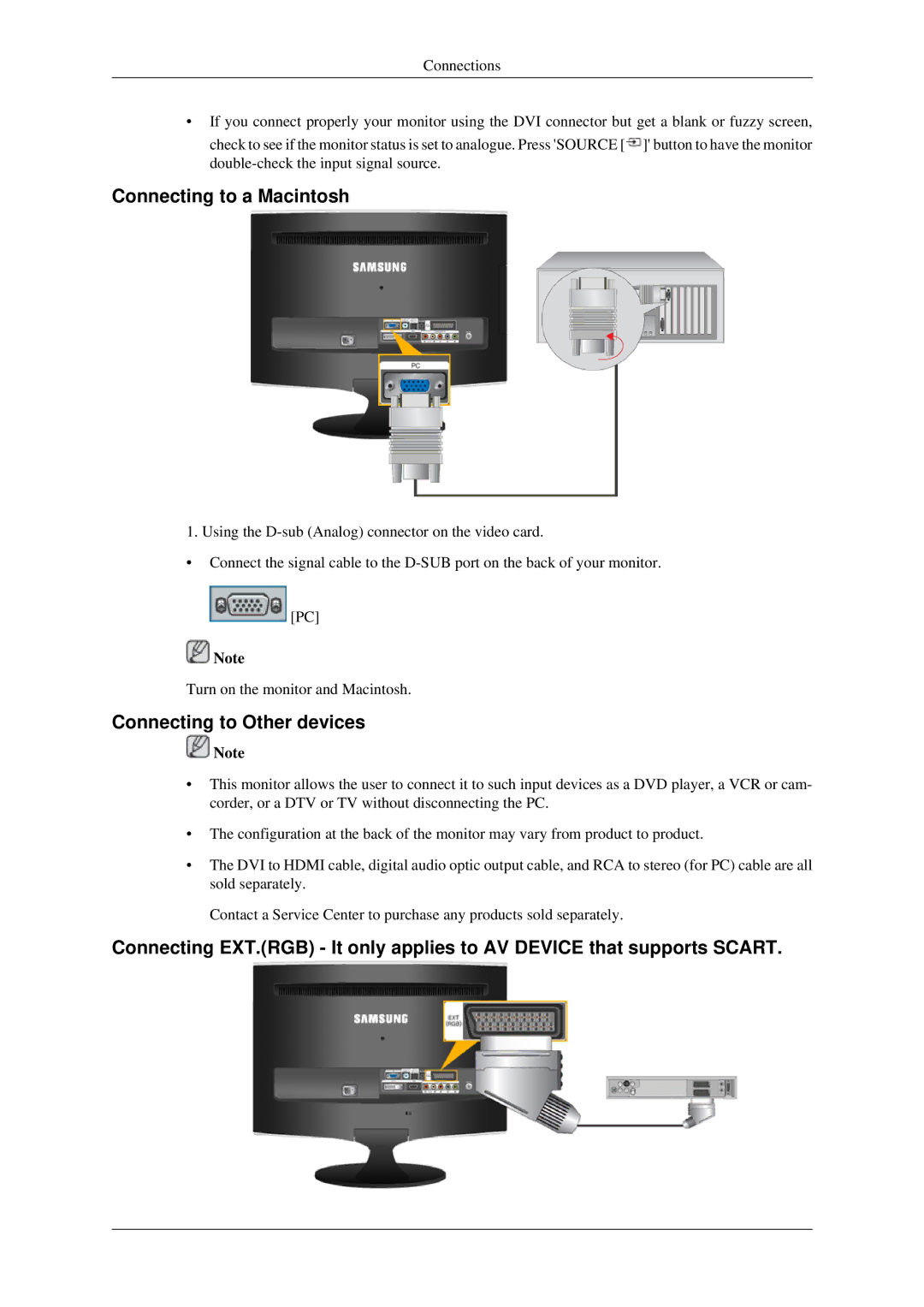 Samsung LS24TDDSUV/EN, LS24TDVSUV/EN, LS26TDDSUV/EN, LS26TDVSUV/EN Connecting to a Macintosh, Connecting to Other devices 