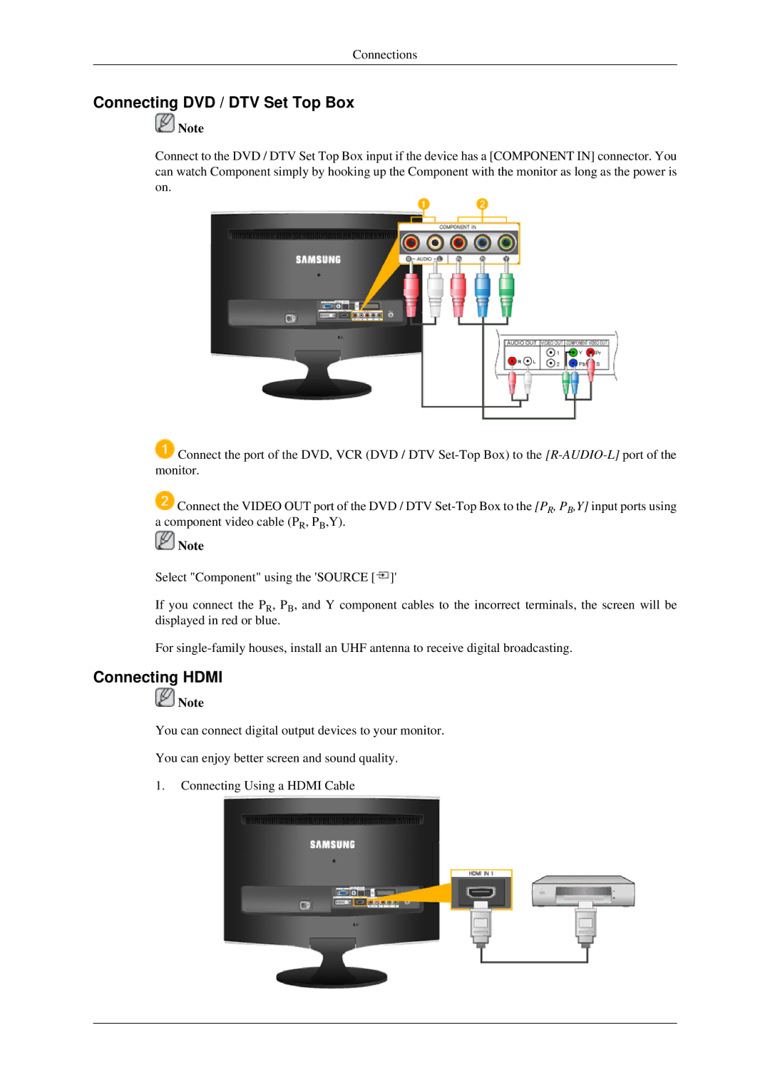 Samsung LS26TDVSUV/EN, LS24TDVSUV/EN, LS24TDDSUV/EN, LS26TDDSUV/EN manual Connecting DVD / DTV Set Top Box, Connecting Hdmi 