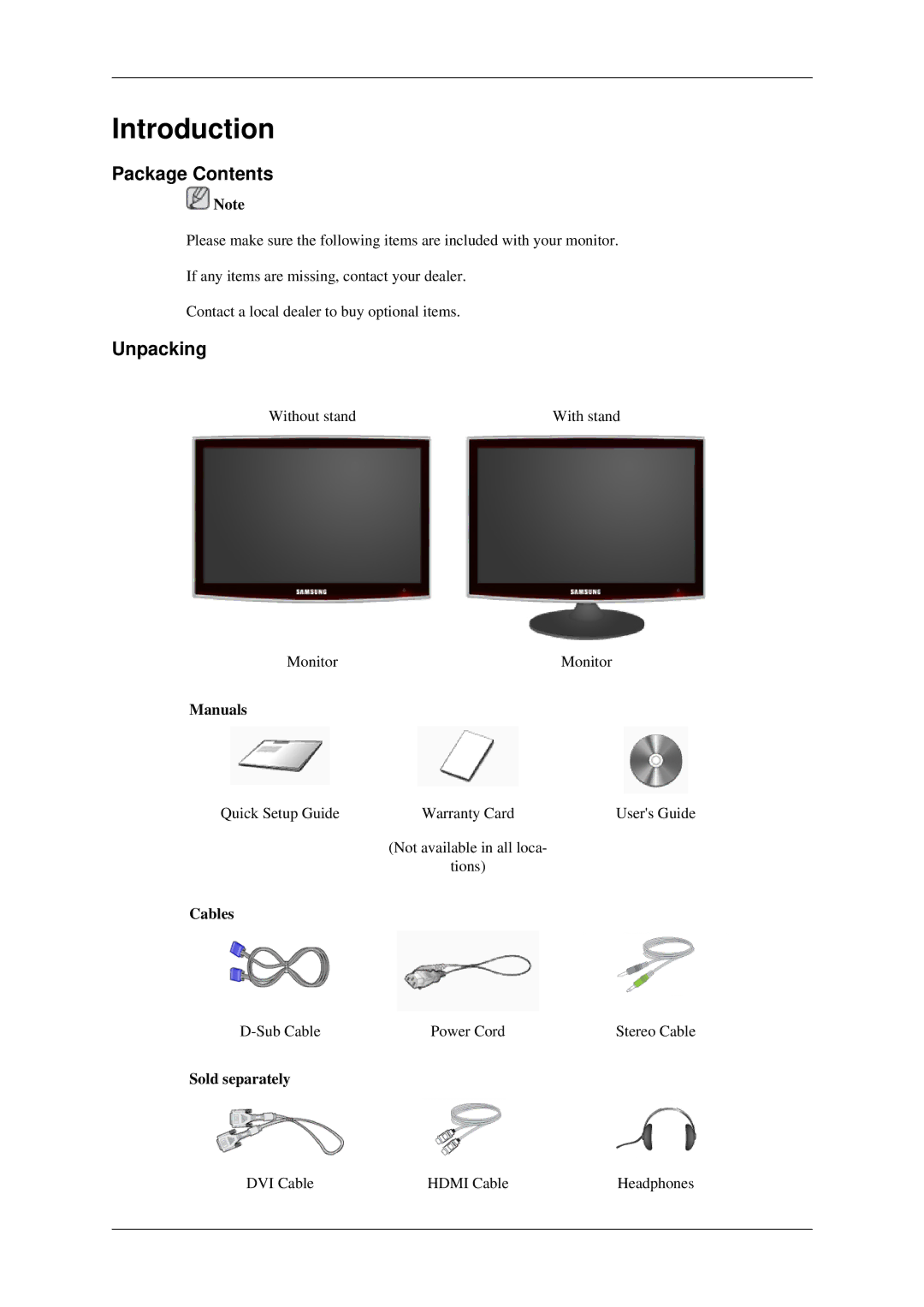 Samsung LS26TDDSUV/EN, LS24TDVSUV/EN, LS24TDDSUV/EN, LS26TDVSUV/EN, LS26TDNSUV/ZA, LS24TDNSUV/ZA Package Contents, Unpacking 