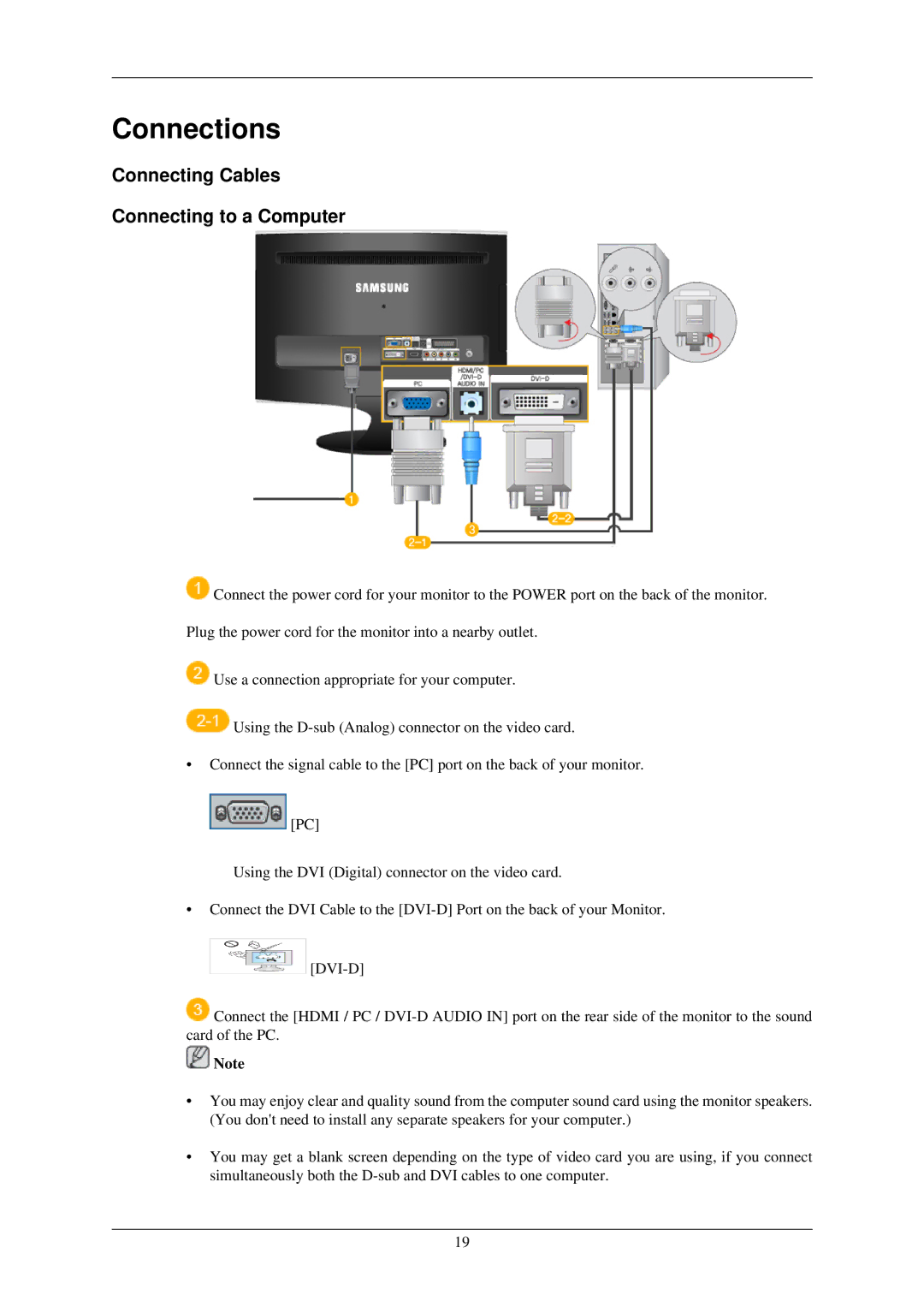 Samsung LS26TDVSUV/XE, LS24TDVSUV/EN, LS24TDDSUV/EN, LS26TDDSUV/EN Connections, Connecting Cables Connecting to a Computer 