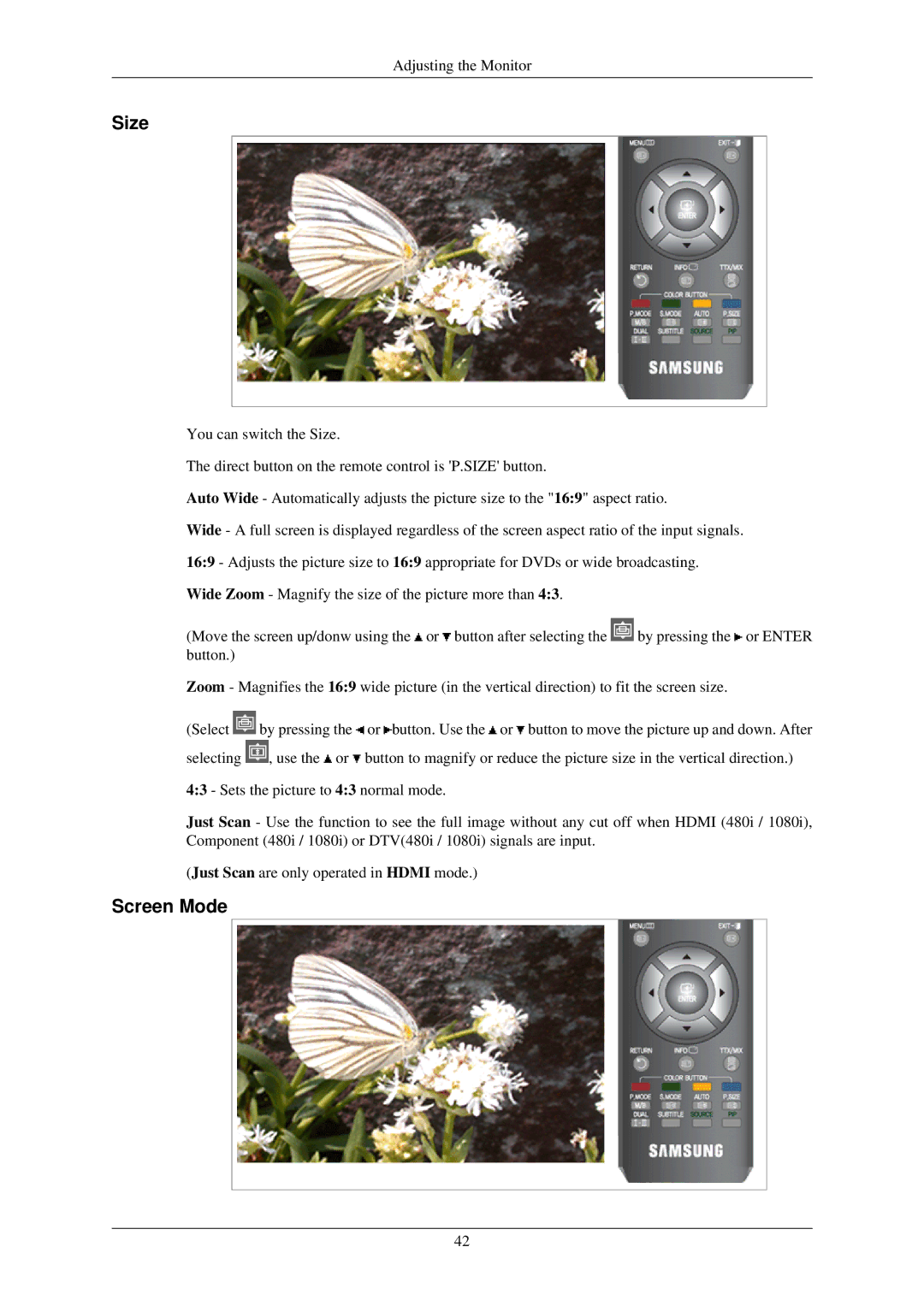 Samsung LS24TDVSUV/XE, LS24TDVSUV/EN, LS24TDDSUV/EN, LS26TDDSUV/EN, LS26TDVSUV/EN, LS26TDNSUV/ZA manual Size, Screen Mode 