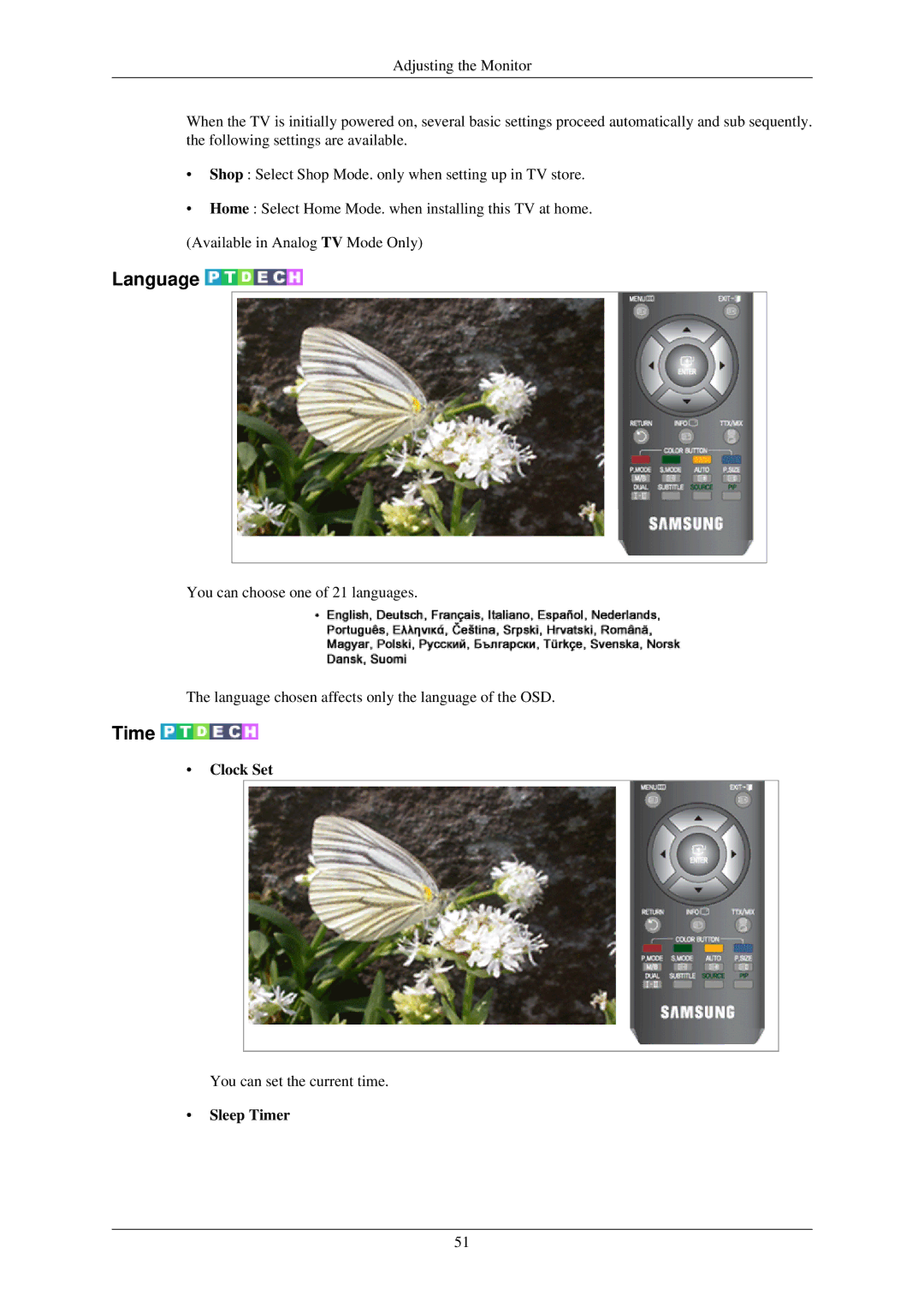 Samsung LS26TDNSUV/ZA, LS24TDVSUV/EN, LS24TDDSUV/EN, LS26TDDSUV/EN, LS26TDVSUV/EN manual Language, Clock Set, Sleep Timer 