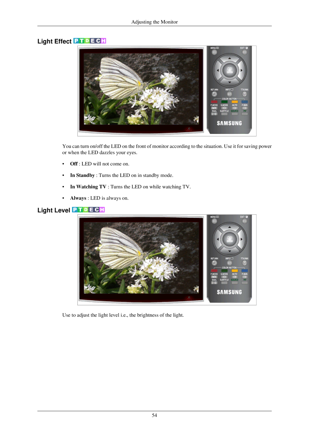 Samsung LS24TDVSUV/XE, LS24TDVSUV/EN, LS24TDDSUV/EN, LS26TDDSUV/EN, LS26TDVSUV/EN, LS26TDNSUV/ZA Light Effect, Light Level 