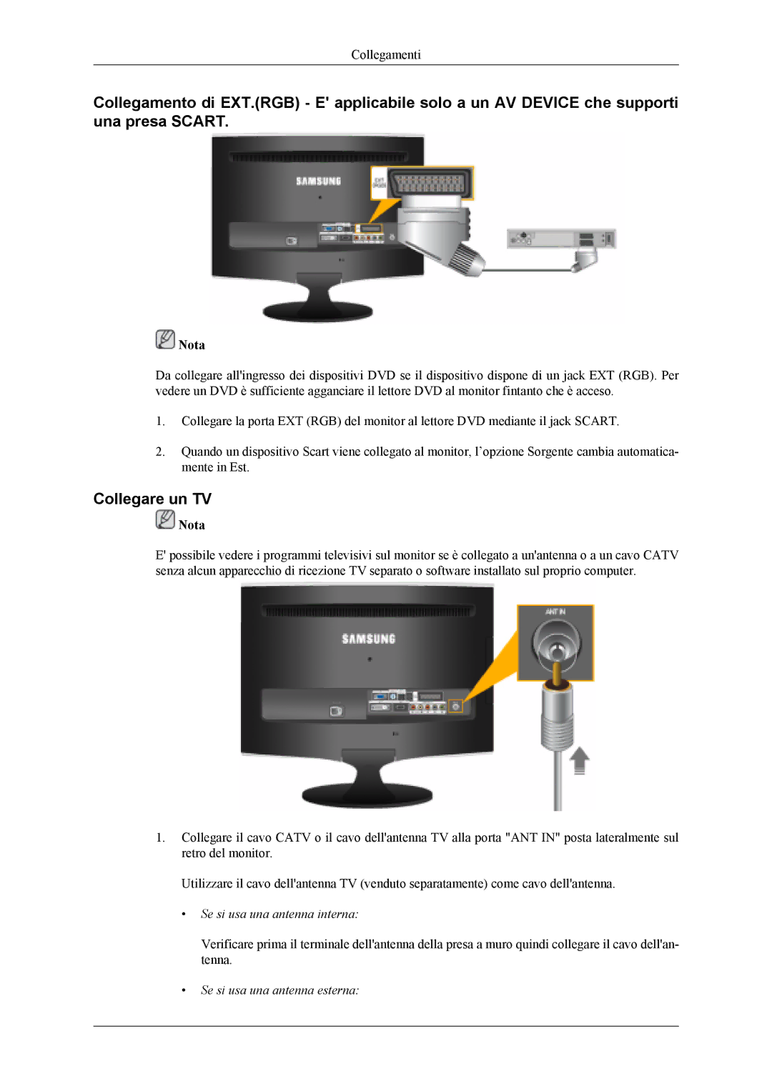 Samsung LS26TDDSUV/EN, LS24TDVSUV/EN manual Collegare un TV, Se si usa una antenna interna, Se si usa una antenna esterna 