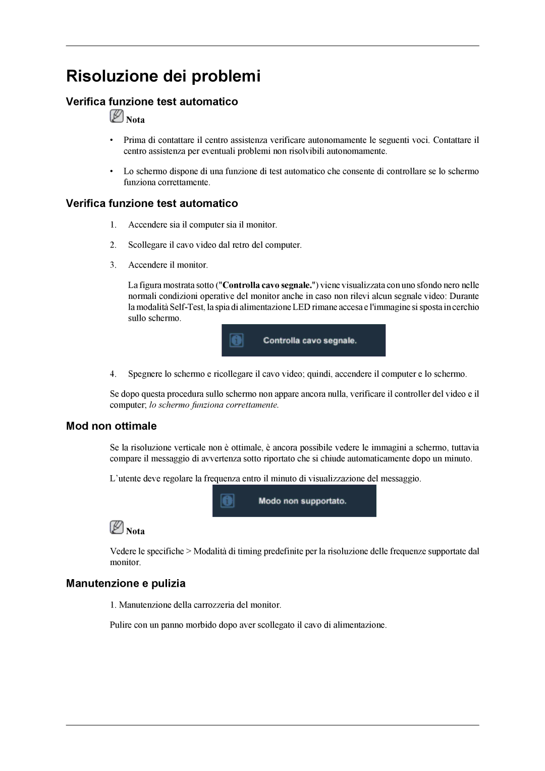 Samsung LS26TDDSUV/EN, LS24TDVSUV/EN manual Verifica funzione test automatico, Mod non ottimale, Manutenzione e pulizia 