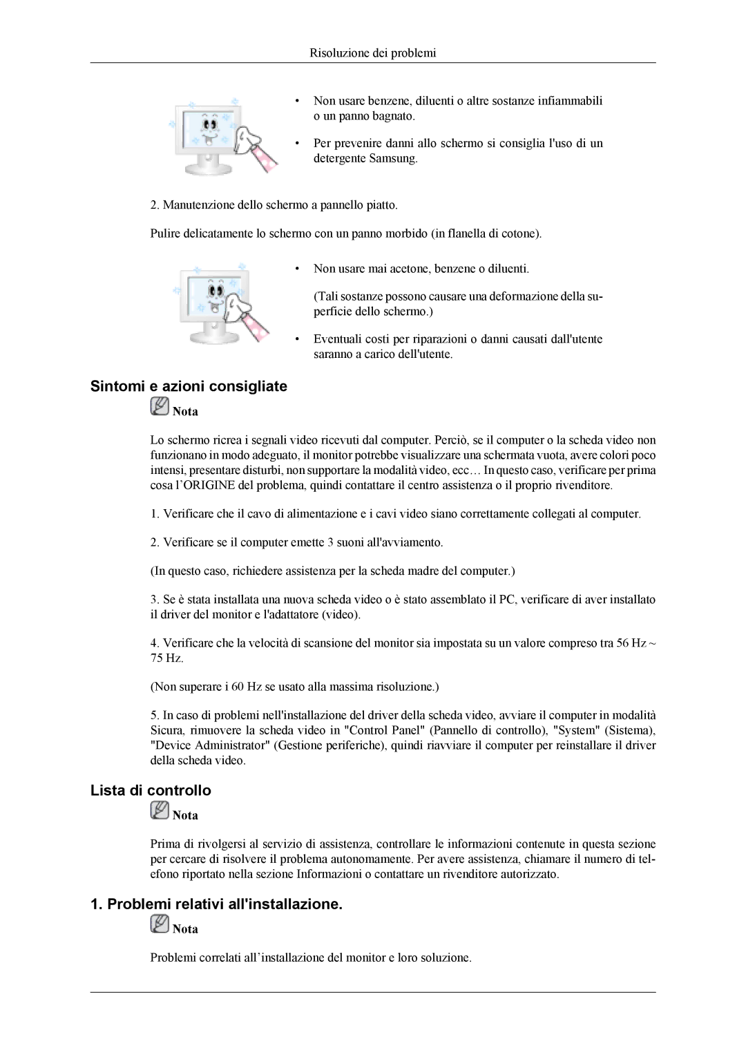 Samsung LS26TDVSUV/EN, LS24TDVSUV/EN Sintomi e azioni consigliate, Lista di controllo, Problemi relativi allinstallazione 