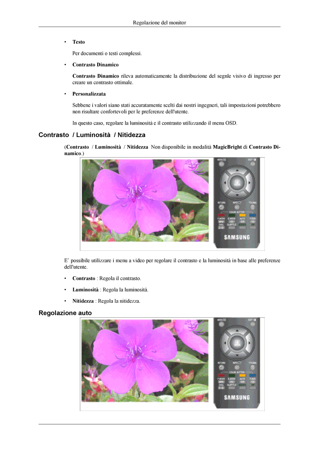 Samsung LS26TDVSUV/EN, LS24TDVSUV/EN manual Contrasto / Luminosità / Nitidezza, Regolazione auto, Testo, Contrasto Dinamico 