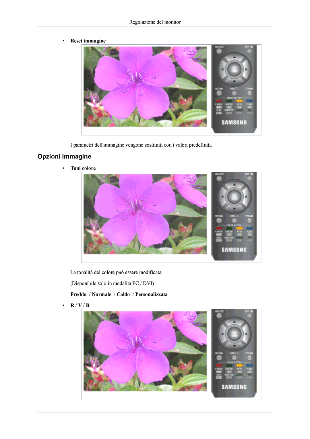 Samsung LS24TDNSUV/ZA, LS24TDVSUV/EN, LS24TDDSUV/EN, LS26TDDSUV/EN manual Opzioni immagine, Reset immagine, Toni colore 