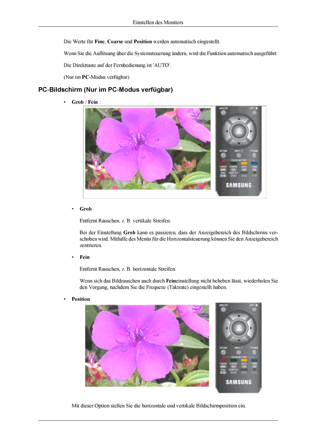 Samsung LS26TDDSUV/EN, LS24TDVSUV/EN, LS24TDDSUV/EN manual PC-Bildschirm Nur im PC-Modus verfügbar, Grob / Fein, Position 