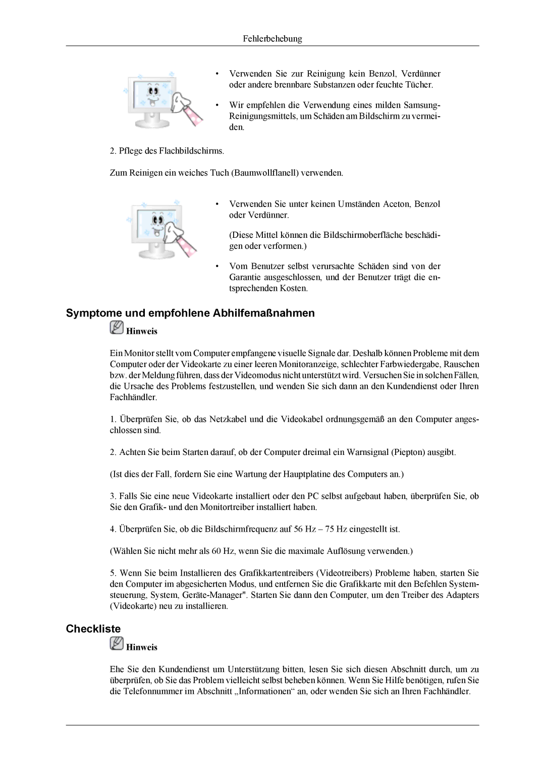 Samsung LS24TDDSUV/EN, LS24TDVSUV/EN, LS26TDDSUV/EN, LS26TDVSUV/EN manual Symptome und empfohlene Abhilfemaßnahmen, Checkliste 