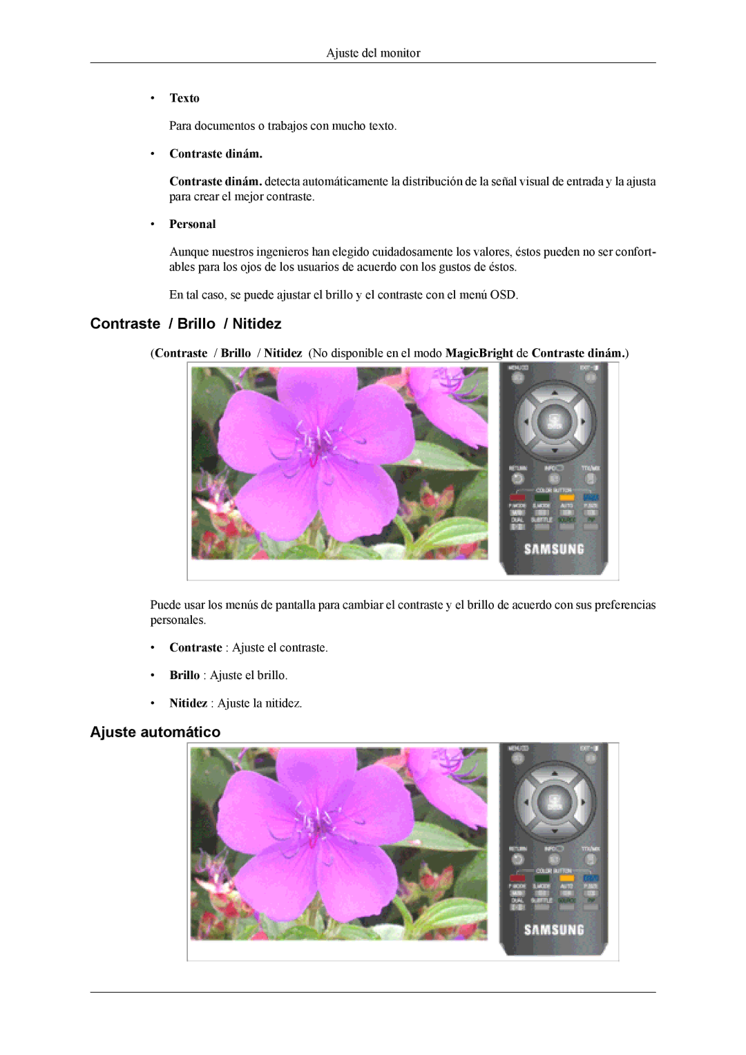 Samsung LS24TDVSUV/EN, LS24TDDSUV/EN Contraste / Brillo / Nitidez, Ajuste automático, Texto, Contraste dinám, Personal 