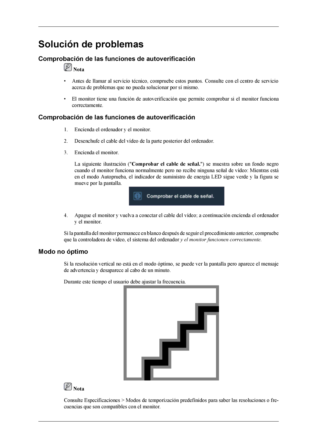 Samsung LS26TDVSUV/EN, LS24TDVSUV/EN, LS24TDDSUV/EN manual Comprobación de las funciones de autoverificación, Modo no óptimo 