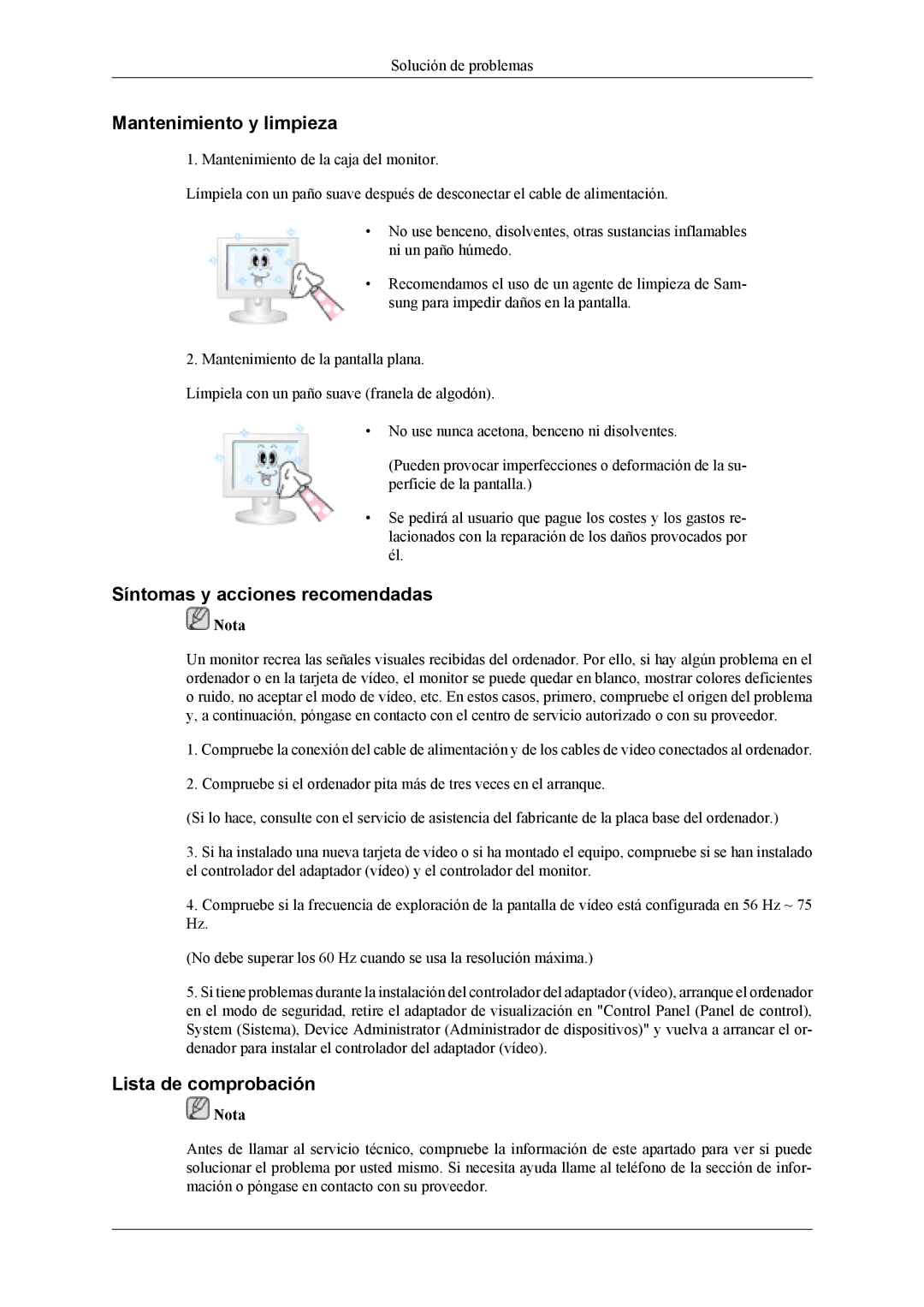 Samsung LS24TDVSUV/EN, LS24TDDSUV/EN Mantenimiento y limpieza, Síntomas y acciones recomendadas, Lista de comprobación 