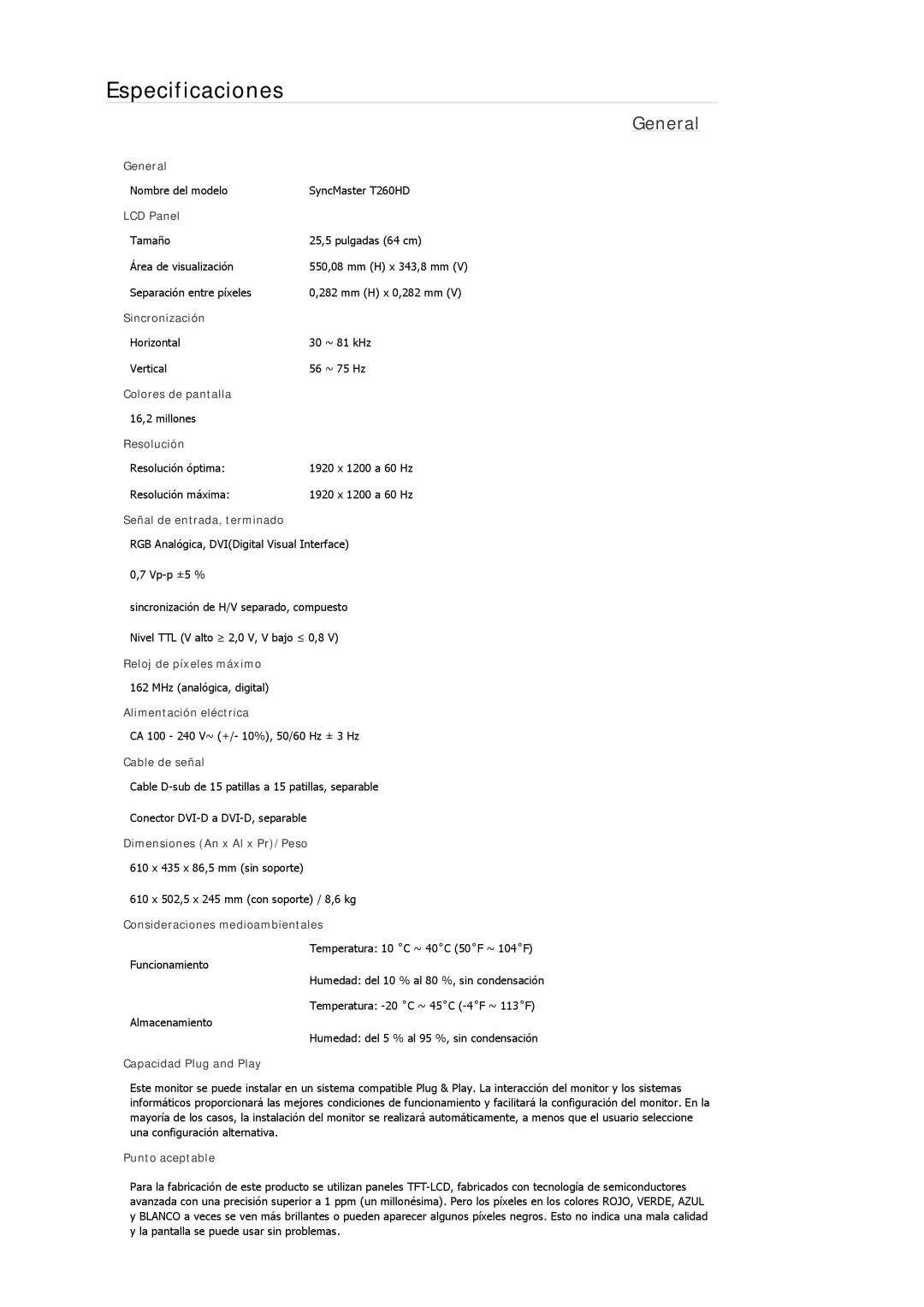 Samsung LS26TDDSUV/EN, LS24TDVSUV/EN, LS24TDDSUV/EN, LS26TDVSUV/EN manual Especificaciones 