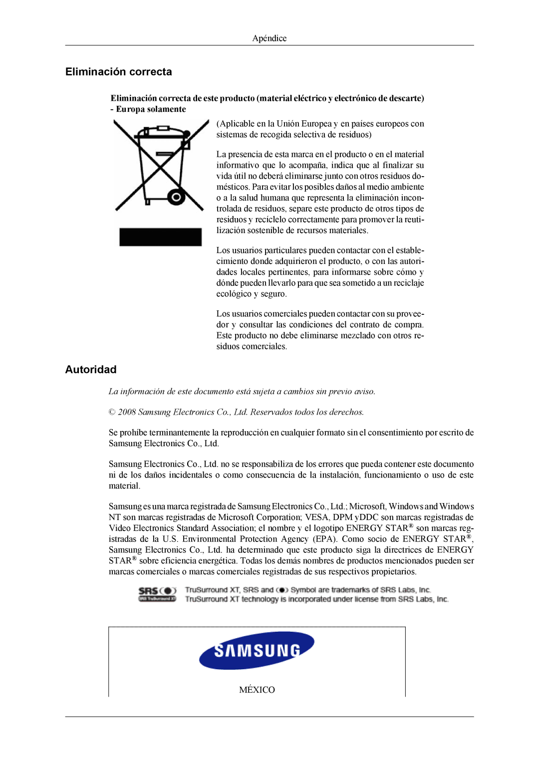 Samsung LS24TDVSUV/EN, LS24TDDSUV/EN, LS26TDDSUV/EN, LS26TDVSUV/EN manual Eliminación correcta, Autoridad 