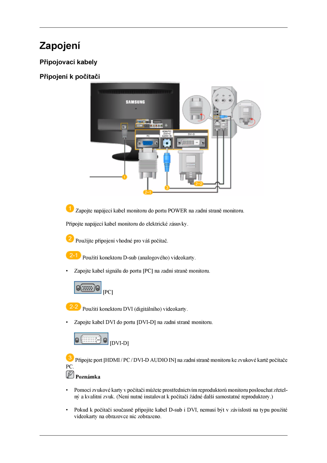 Samsung LS24TDDSUV/EN, LS24TDVSUV/EN, LS26TDDSUV/EN, LS26TDVSUV/EN manual Zapojení, Připojovací kabely Připojení k počítači 