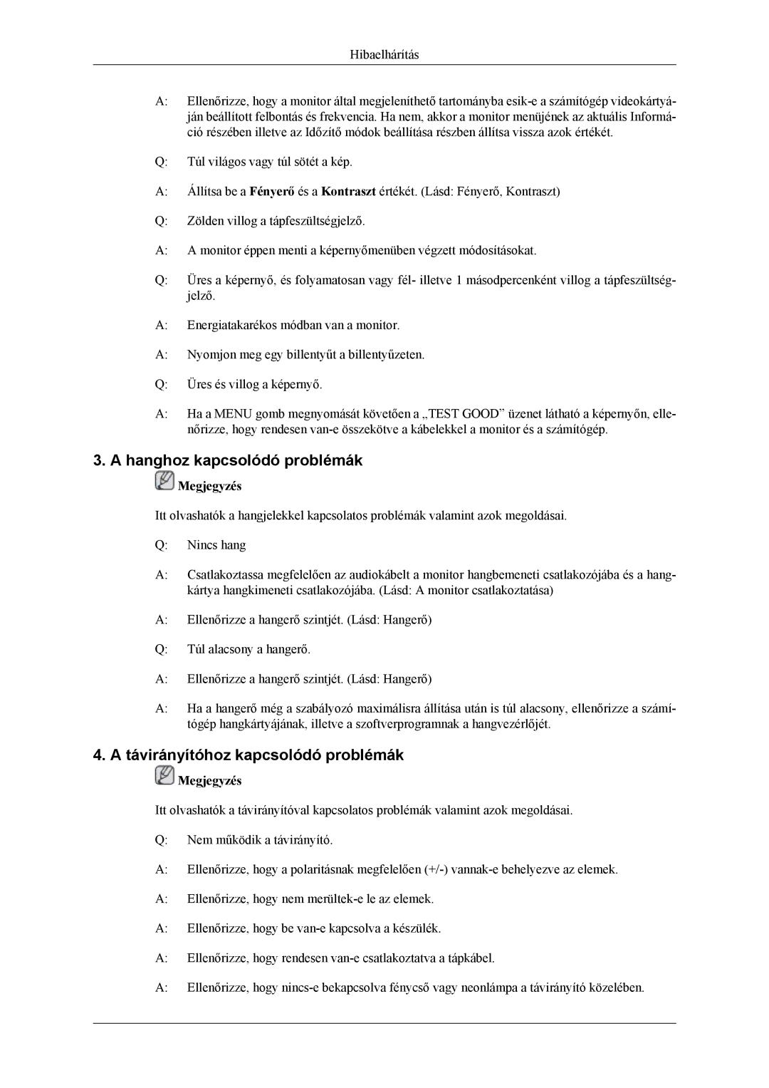 Samsung LS24TDDSUV/EN, LS24TDVSUV/EN, LS26TDDSUV/EN manual Hanghoz kapcsolódó problémák, Távirányítóhoz kapcsolódó problémák 