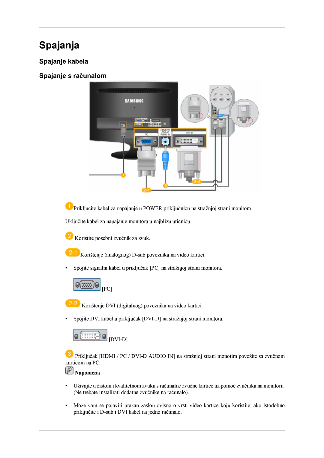 Samsung LS24TDVSUV/EN, LS24TDDSUV/EN, LS26TDDSUV/EN, LS26TDVSUV/EN manual Spajanja, Spajanje kabela Spajanje s računalom 