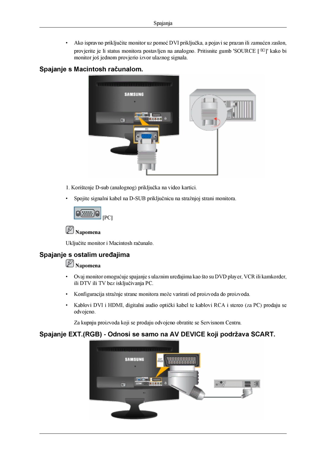 Samsung LS24TDDSUV/EN, LS24TDVSUV/EN, LS26TDDSUV/EN manual Spajanje s Macintosh računalom, Spajanje s ostalim uređajima 