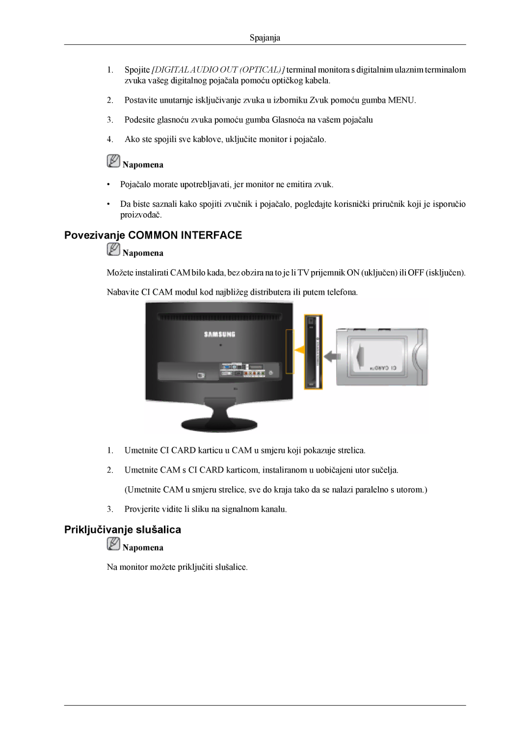 Samsung LS24TDDSUV/EN, LS24TDVSUV/EN, LS26TDDSUV/EN, LS26TDVSUV/EN Povezivanje Common Interface, Priključivanje slušalica 