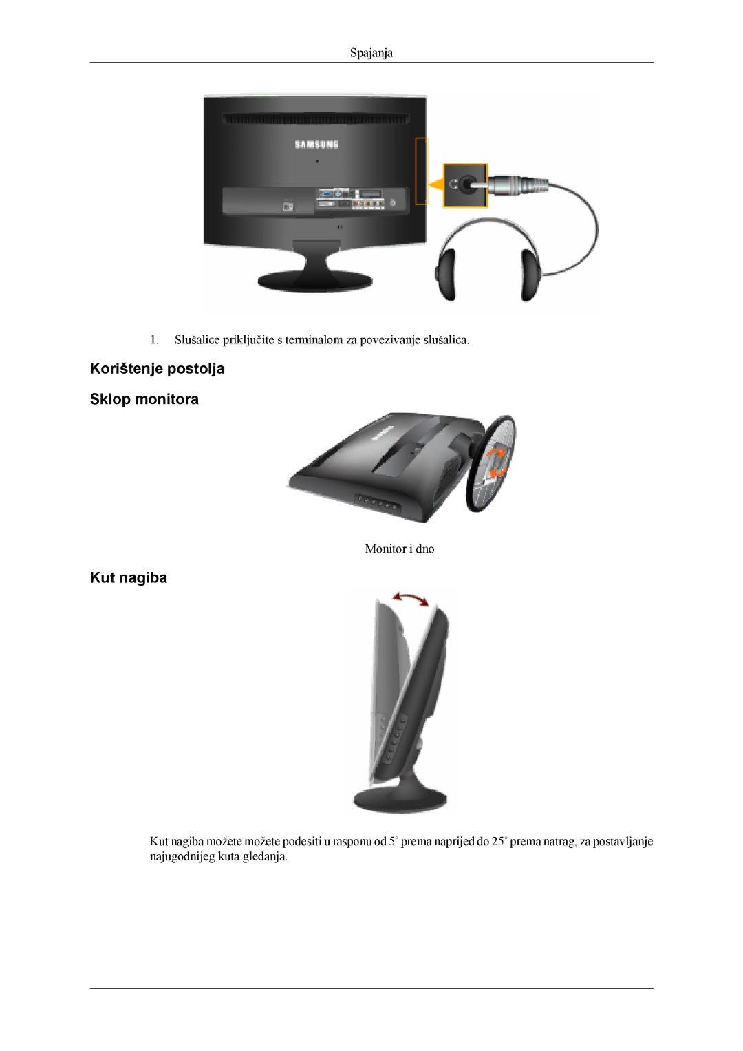 Samsung LS26TDDSUV/EN, LS24TDVSUV/EN, LS24TDDSUV/EN, LS26TDVSUV/EN manual Korištenje postolja Sklop monitora, Kut nagiba 