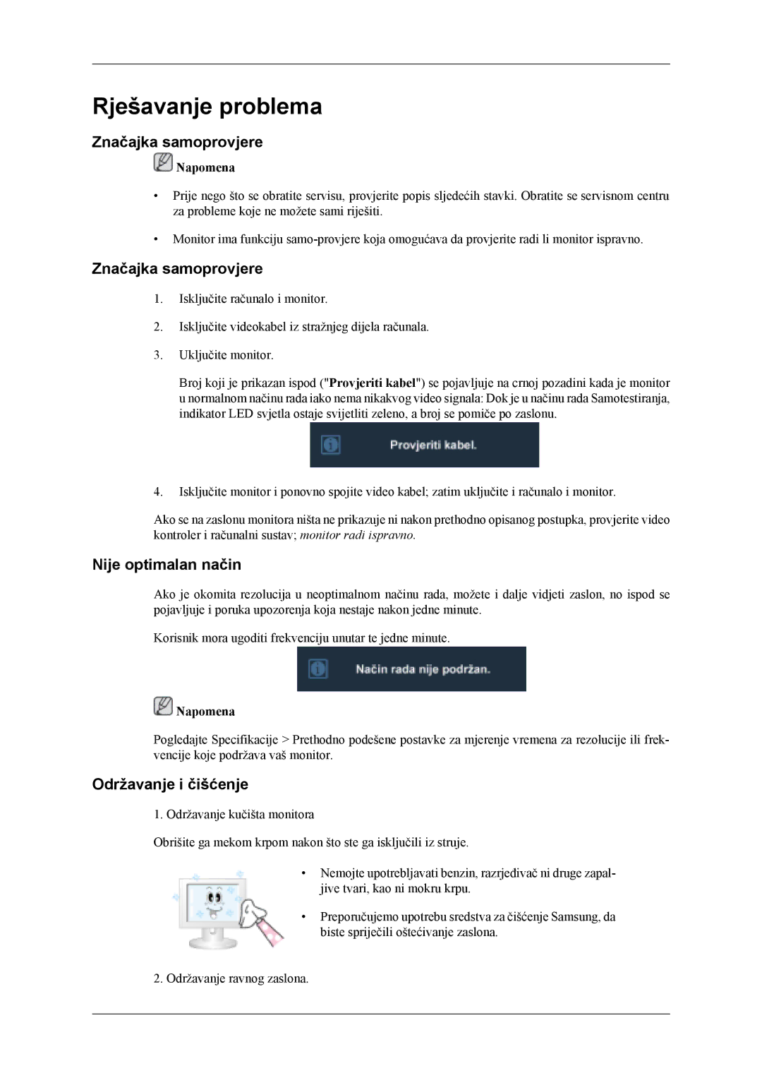 Samsung LS24TDVSUV/EN, LS24TDDSUV/EN, LS26TDDSUV/EN manual Značajka samoprovjere, Nije optimalan način, Održavanje i čišćenje 