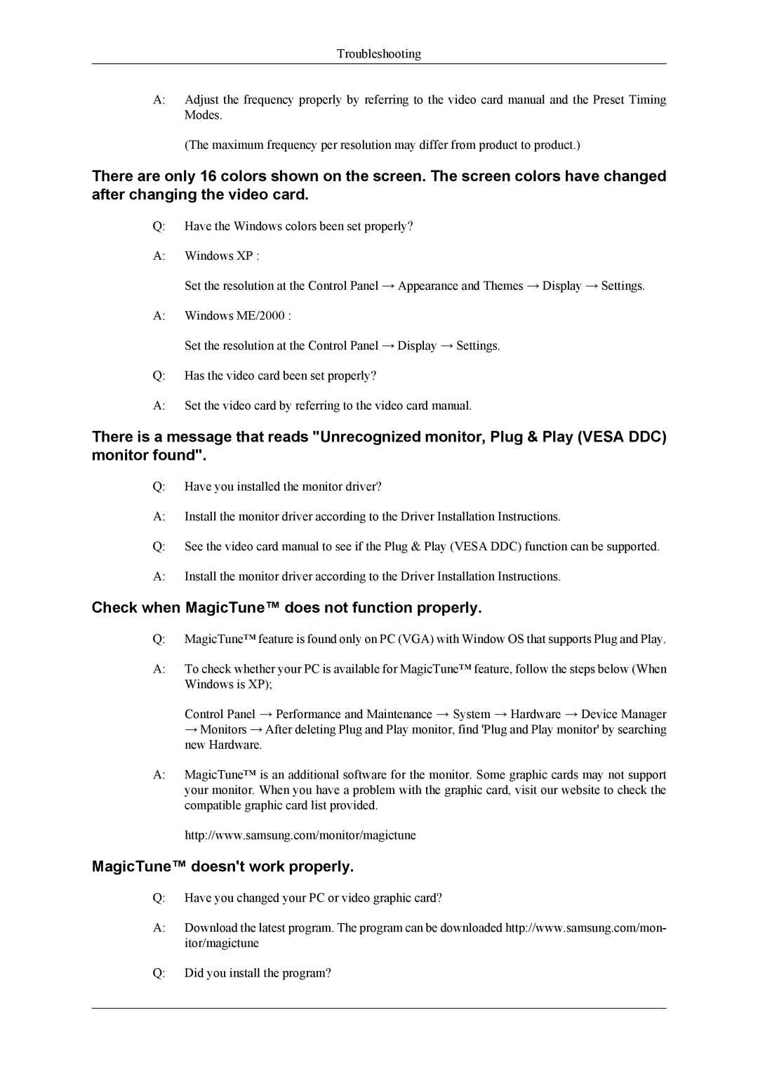 Samsung LS24TWQSU2/CI, LS24TWQSUV/EN manual Check when MagicTune does not function properly, MagicTune doesnt work properly 