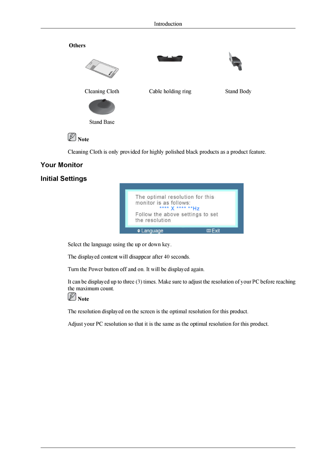 Samsung LS26TWESU/CI, LS24TWQSUV/EN, LS24TWHSUV/EN, LS24TWHSU2/CI, LS24TWESU/CI manual Your Monitor Initial Settings, Others 