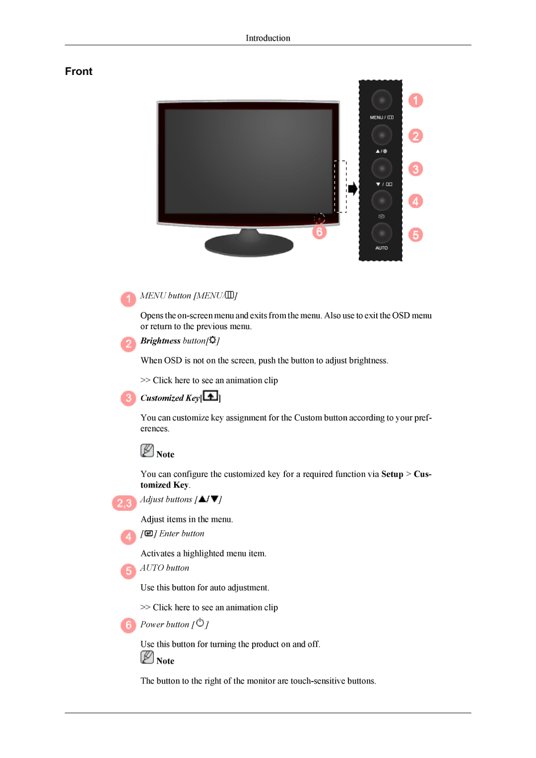 Samsung LS24TWESU/CI, LS24TWQSUV/EN, LS24TWHSUV/EN, LS24TWHSU2/CI, LS26TWESU/CI, LS24TWASU/CI manual Front, Menu button Menu 