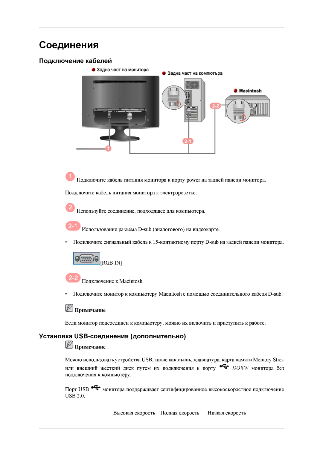 Samsung LS24TWQSUV/EN, LS24TWHSUV/EN, LS24TWHSU2/CI manual Подключение кабелей, Установка USB-соединения дополнительно 