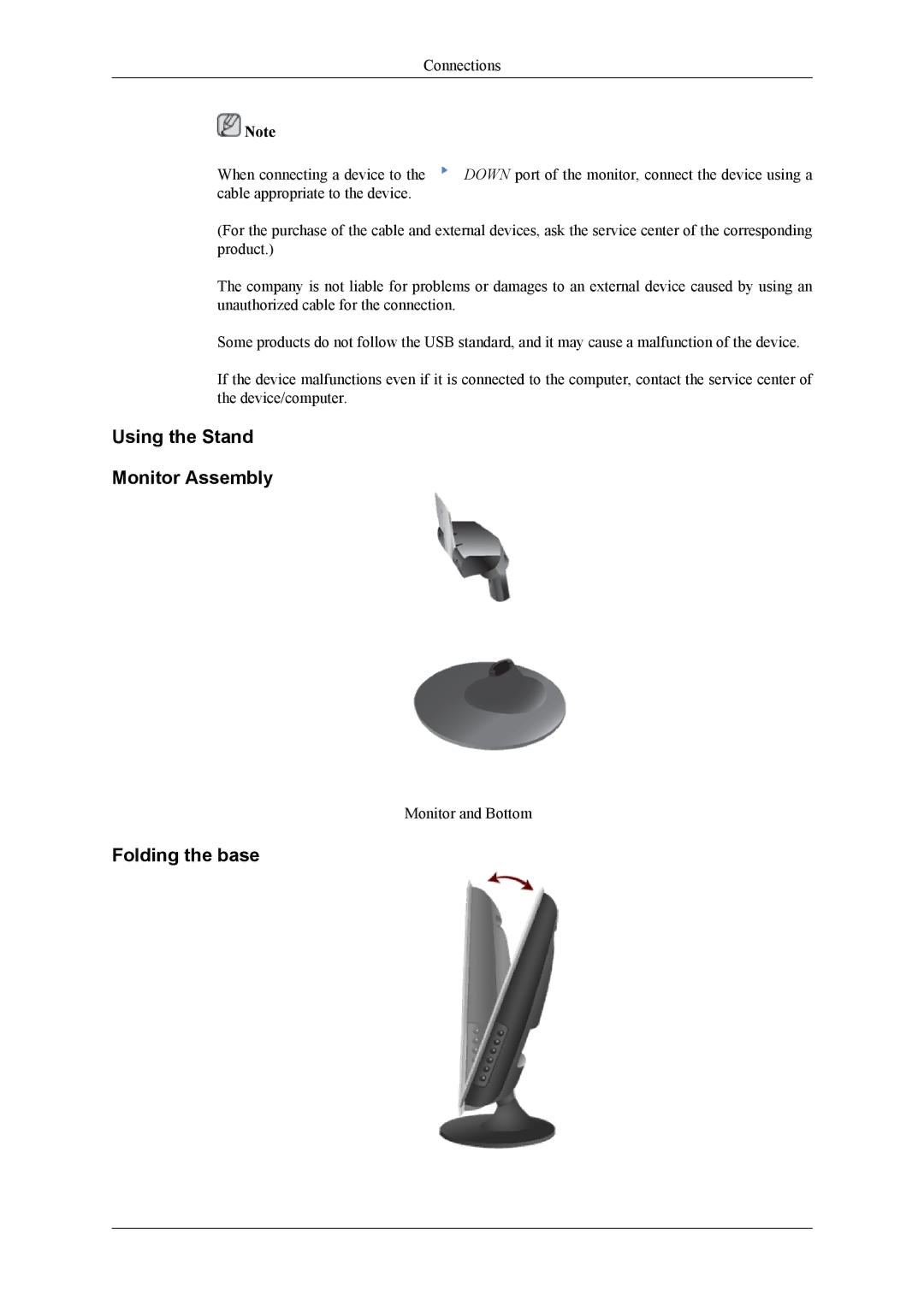 Samsung LS24TWHSU2/CI, LS24TWQSUV/EN, LS24TWHSUV/EN, LS26TWESU/CI manual Using the Stand Monitor Assembly, Folding the base 